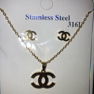 Gold Stainless Steel Necklace and Earring Set